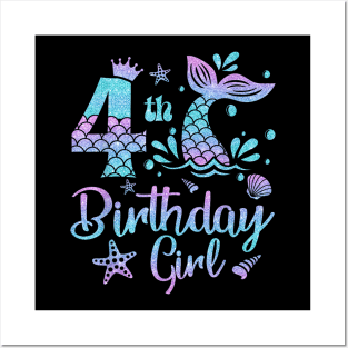 Mermaid Birthday Girl 4 Year Old Its My 4Th Bday Mermaid Posters and Art